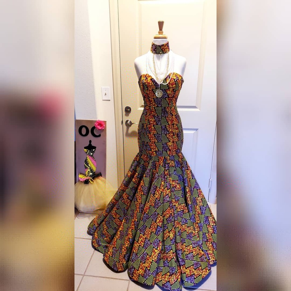 African print couture gown with complementary neck